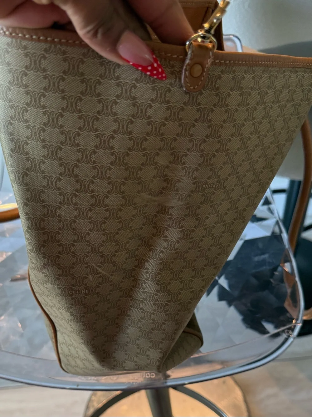Celine Beige Monogram Tote with Tan Leather Crest
